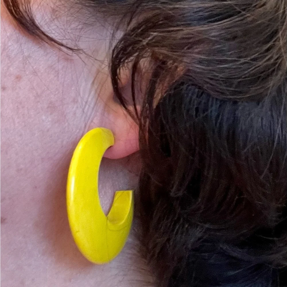 Vintage Wooden Yellow Hoop Earrings - Picture 2 of 16
